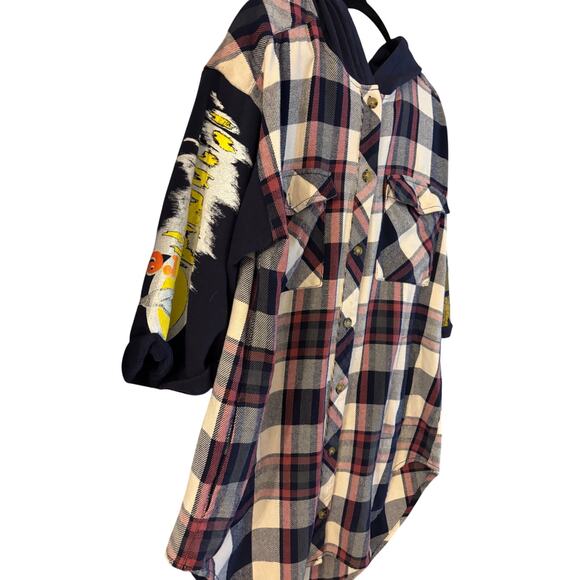 Free People Maddox Patched Plaid Tunic Womens Oversized Varsity Shirt W/ Hood M - Picture 3 of 7